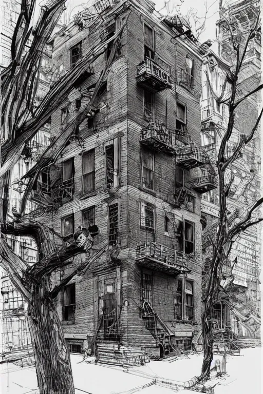 Prompt: (((((a ramshackle Manhattan brick brownstone deep in the forest))))) by Kim Jung Gi!!!!!!!!!!!!!!!!!!!!!!!!!!!