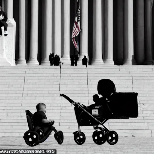 Image similar to highly detailed, award winning photograph of donald trump stealing candy from a baby in a stroller in front of the lincoln monument