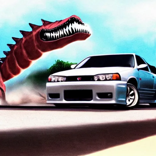 Prompt: beautiful detailed long shot photograph of a spinosaurus crushing a nissan skyline r34 under its feet