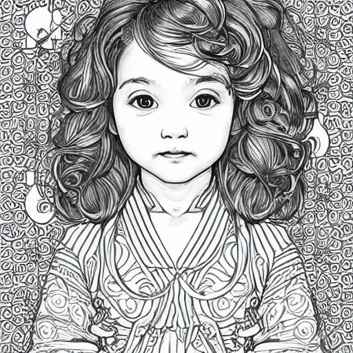 Image similar to clean simple line art of a cute little girl with a short brown wavy curly hair. she is dressed as an astronaut. no background. well composed, clean coloring book page, beautiful detailed face. coloring book line art by artgerm and greg rutkowski and johanna basford and alphonse mucha