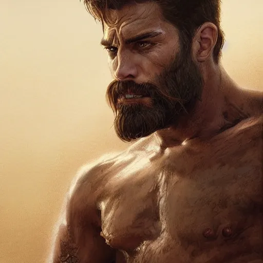 Image similar to portrait of a rugged ranger, 2 5 years old, muscular, upper body, leather, hairy torso, d & d, fantasy, intricate, elegant, highly detailed, digital painting, artstation, concept art, smooth, sharp focus, illustration, art by artgerm and greg rutkowski and alphonse mucha