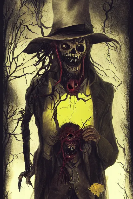 Image similar to the man in the yellow hat in sleepy hollow, full body, big two toned eyes, teeth gritted, horror, intricate details, cinematic, epic, realistic, anatomy, tomer hanuka, uplight, artstation, photorealistic, scary