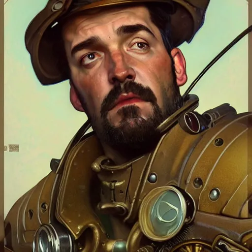 Prompt: full portrait of fallout 4 kevin smith, fantasy, d & d, intricate, detailed, by by alphonse mucha, adolfo hohenstein, alice russell glenny, stanley artgerm lau, greg rutkowski, detailed, trending on artstation, trending on artstation, smooth