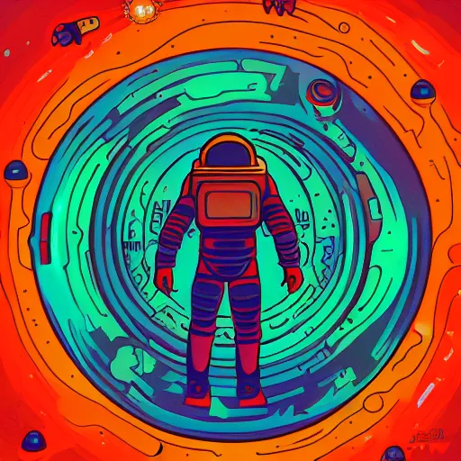 Image similar to glowing astronaut inspired by René Laloux, Dan Mumford, stars, cinematic