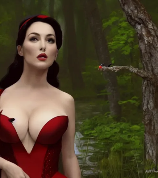 Prompt: film still of Monica Bellucci as snow white ,red veil, short hair in a forest by a pond with frogs, by artgerm, makoto sinkai, magali villeneuve, Gil Elvgren, Earl Moran,Enoch Bolles, symmetrical,