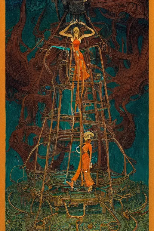 Image similar to realistic portrait of an engineer woman fixing the samsara holy cluster, fine portrait, concept art, stunning, visionary, in the style of ttrpg book illustrations, in the style of brecht evens, in the style of jean delville