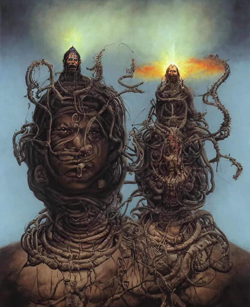 Image similar to One Shiva. Against the backdrop of a nuclear explosion. Dark colors, high detail, hyperrealism, horror art, masterpiece, close-up, zoom, body-horror, ceremonial portrait, representative portrait, solo, macrophoto, art by Greg Broadmore, Esao Andrews, Beksinski