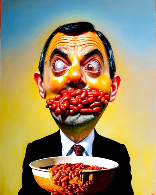 Image similar to portrait of mr bean's face in a bowl full of baked beans, face covered in beans and tomato sauce, baked beans covering his eyes, a pile of baked beans on his head, his mouth wide open and full of baked beans, overflowing with baked beans, muted colors, surrealist oil painting, highly detailed