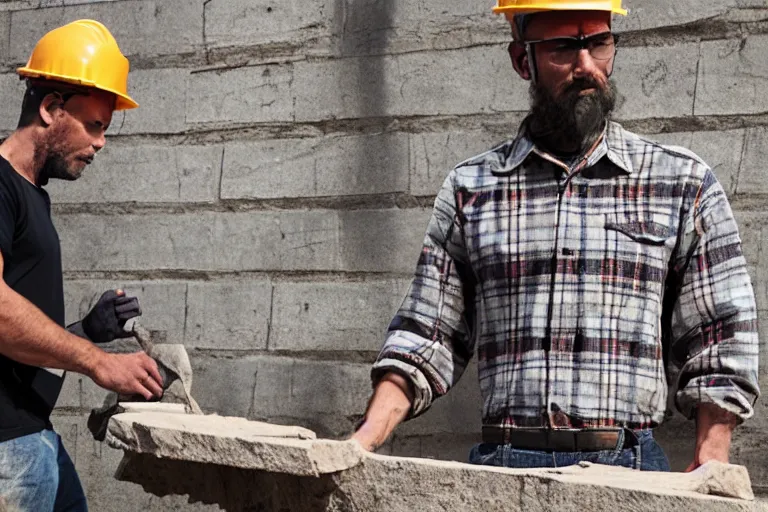 Image similar to a man made of stone, wearing a plaid shirt, working construction