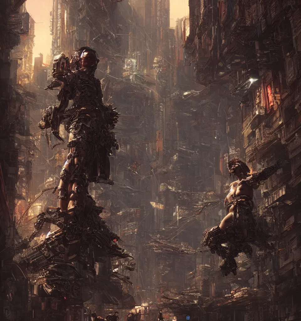 Image similar to cyberpunk gladiator, cinematic, highly detailed, octane render, cg, rich cinematic atmosphere, perfect digital art, mystical journey in strange world, Mystical, cyberpunk, tech war, sci-fi, surreal, glowing lights, sharp focus, high detailed, by Akihiko Yoshida, michael whelan and Karol Bak