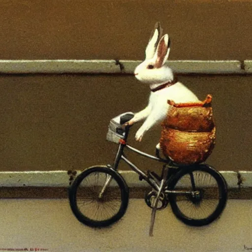 Image similar to rabbit riding a bike on the road, there is a car in front, by michael sowa.