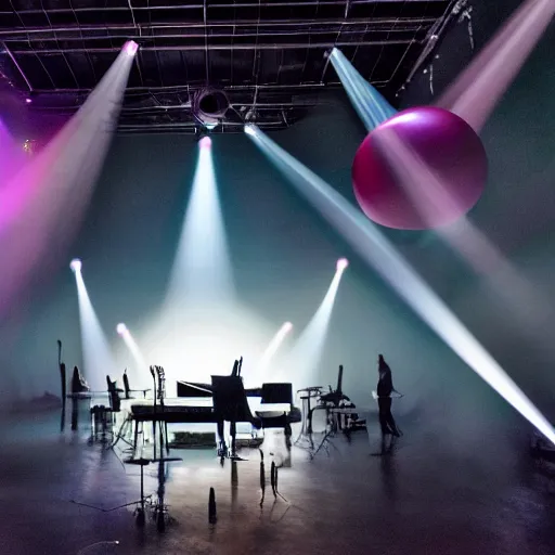 Prompt: a large scale art installation. big mirror floor reflect sphere and piano on center. space liquid planet visuals projected on single big suspended sphere inside giant and dark venue. live music piano concert. stage design. fog, hazer and light in dark