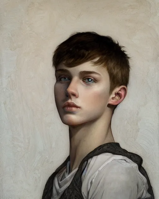 Image similar to portrait of 1 5 - year - old boy, a tall, slender boy with a pale, pointed face, sleek blond hair, and ice grey eyes, hyper realistic face, beautiful eyes, close up, fantasy art, in the style of greg rutkowski, intricate, alphonse mucha, hyper detailed, smooth