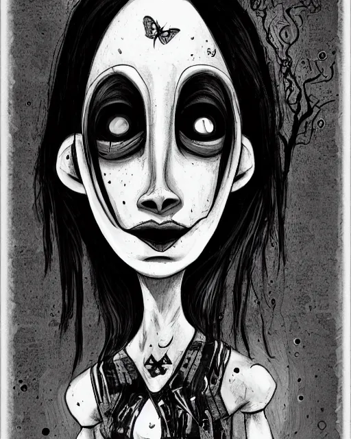 Image similar to a b & w grunge drawing of a pleiadean extraterrestrial, in the style of ryan hewett and a tim burton character, loony toons style, horror themed, detailed, elegant, intricate, trending on artstation, 4 k