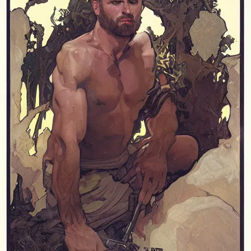 Image similar to portrait of depressed gigachad, male, muscular, handsome D&D, concept art, art by Greg Rutkowski and Alphonse Mucha