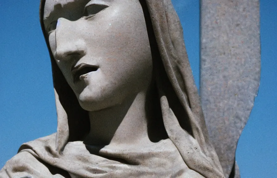 Prompt: statue of mother mary crying blood tears, close-up, blue sky in background, 60mm lens, grainy vintage photograph