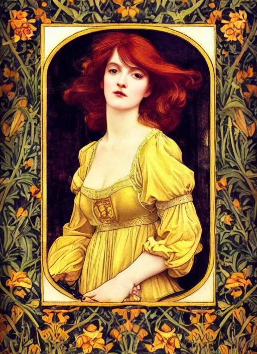 Prompt: masterpiece beautiful seductive curvey sexy pose preraphaelite portrait photography, straight bangs, yellow ochre ornate medieval dress, william morris and kilian eng and mucha, framed, 4 k