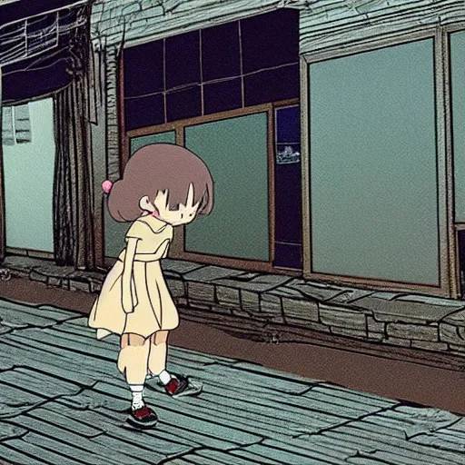 Image similar to ghost of a young girl, a burnt out town, cel shaded, studio ghibli, hayao miyazaki