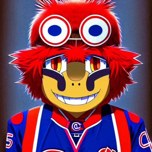 Image similar to anime Portrait of Youppi the Habs Montreal Canadiens Mascot as a very cute powerful and friendly pokemon, highly detailed anime, high evolution, 1990s, legendary, smooth, sharp focus, dynamic lighting, intricate, trending on ArtStation, illustration pokemon, art by WLOP