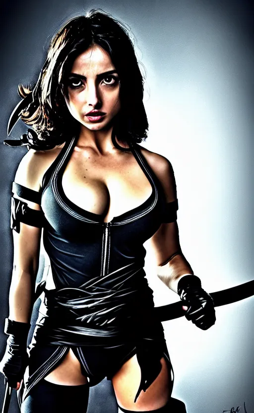 Prompt: ana de armas, ninja, assassin, crouching, black dress, katana, knife, dawn mcteigue, mirka andolfo, comic book, paperback cover, brian pulido, zenescope, ana de armas portrait