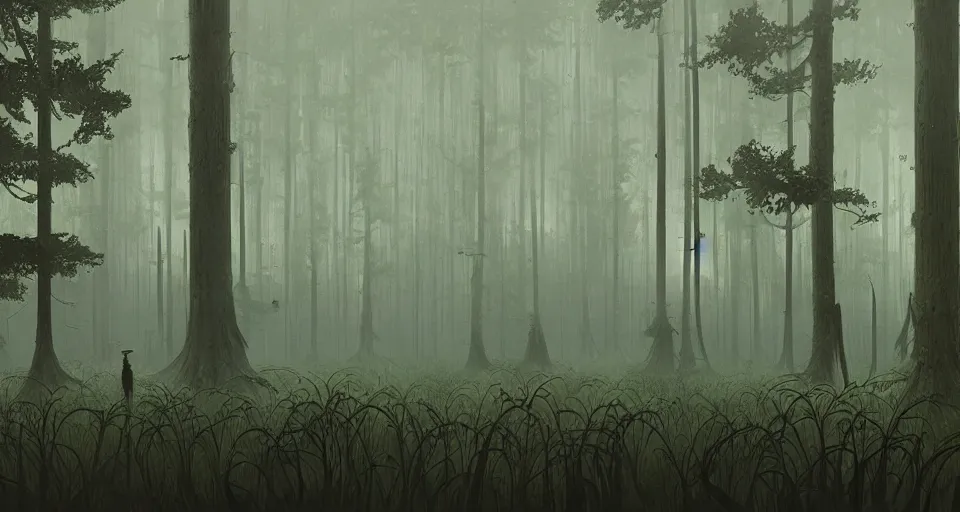 Image similar to A fantastic forest with a swamp, by simon stalenhag