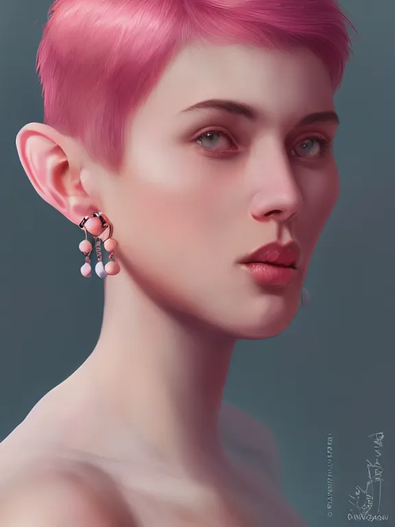 Image similar to beautiful russian girl with short pink hair and nose piercing, wearing airpods, thin round earrings, winds of winter, au naturel, hyper detailed, digital art, trending in artstation, cinematic lighting, studio quality, smooth render, octane rendered, concept art, sharp focus, illustration, art by artgerm and greg rutkowski and wlop