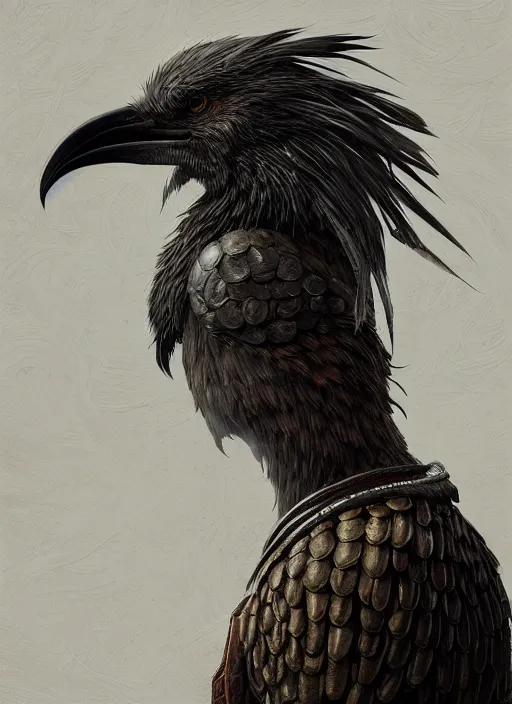 Prompt: rpg! profile! portrait of humanoid bird on white background, beak, feathers, dark souls, intricate, highly detailed, digital painting, artstation, concept art, smooth, sharp focus, illustration, art by norman rockwell emiliano ponzi andrey remnev yoann lossel aaron jasinski, 8 k