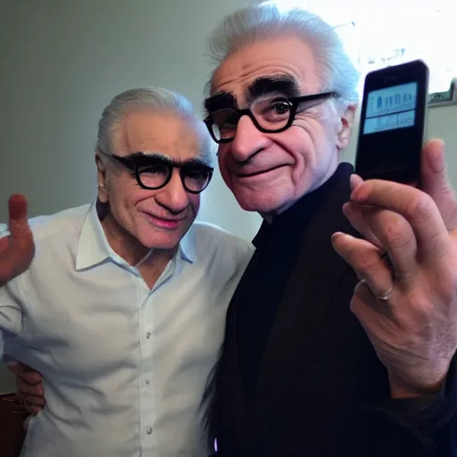 Image similar to martin scorsese enjoying my short film on his iphone