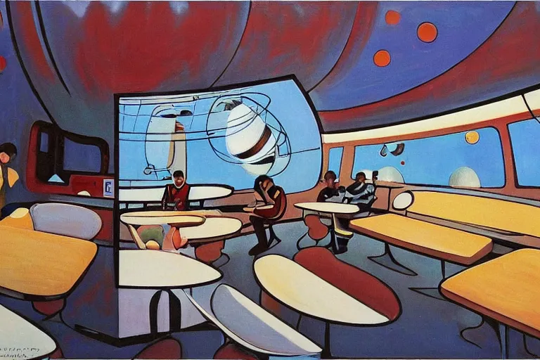 Image similar to coffee shop in a spaceship by robert theodore mccall