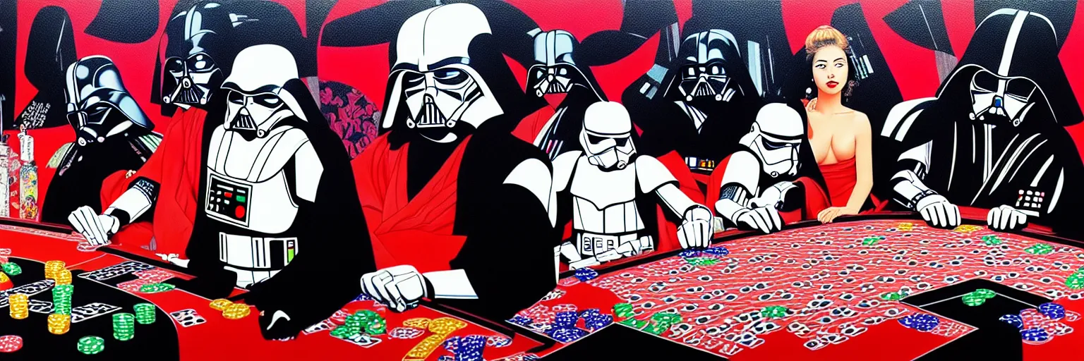 Image similar to hyperrealism composition of the detailed woman in a japanese kimono sitting at an extremely detailed poker table with darth vader and stormtrooper, fireworks on the background, pop - art style, jacky tsai style, andy warhol style, acrylic on canvas