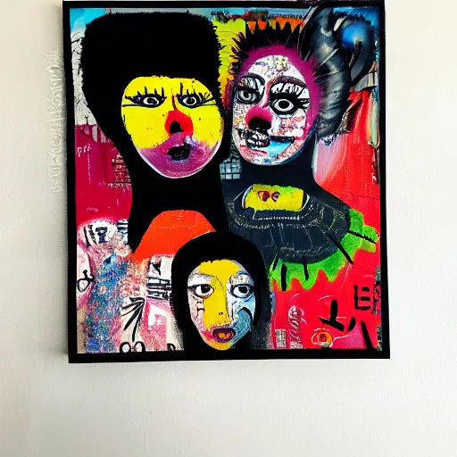 Image similar to acrylic painting of two bizarre psychedelic goth women kissing in japan in a lot of trouble, speculative evolution, mixed media collage by basquiat and jackson pollock, maximalist magazine collage art, sapphic art, psychedelic illustration