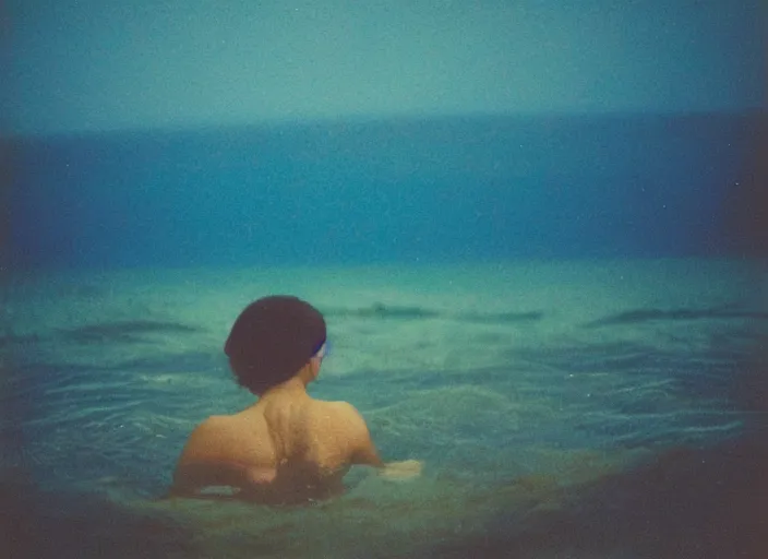 Image similar to colored photography, close-up from behind woman swimming in ocean at night, blue light, 35mm film,