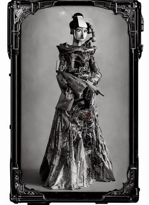 Prompt: old wetplate daguerreotype frame portrait of a futuristic silver armored geisha district 9 cyborg with computer mainframe screens, fractal, intricate, elegant, highly detailed, subsurface scattering, by jheronimus bosch and greg rutkowski and louis jacques mande daguerre