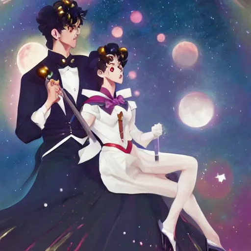 Prompt: Sailor Moon and Tuxedo Mask singing karaoke, highly detailed, digital painting, artstation, concept art, sharp focus, illustration, cinematic lighting, art by artgerm and greg rutkowski and alphonse mucha