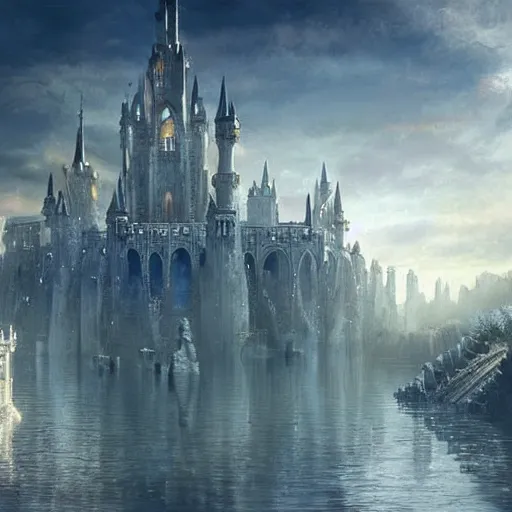 Image similar to a beautiful fantasy castle made from white stone and bright copper, medieval city submerged in water, metropolis, magic, tall towers, gorgeous clouds, white marble, god rays, digital art, fantasy art, octane render, unreal engine, high detail, very realistic, by greg rutkowski, by james gurney