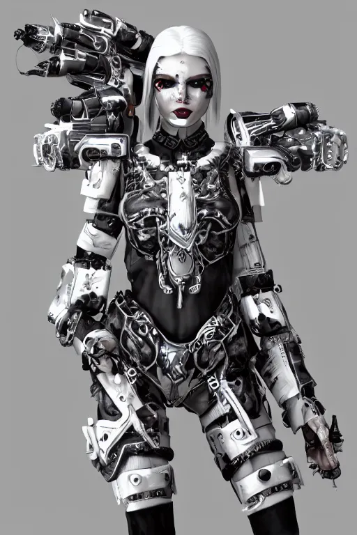 Image similar to white cyborg fashion shot, maasai punk warriors, fractal decorations, unreal engine, trending on artstation,