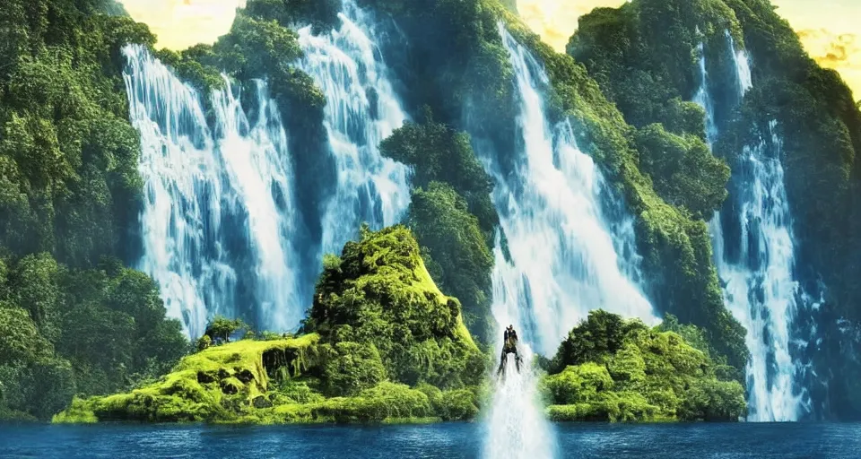 Image similar to A magnificent floating island in the sky above the sea, defying gravity, floating island, flying island, waterfall falling down, epic lighting, epic composition, highly detailed