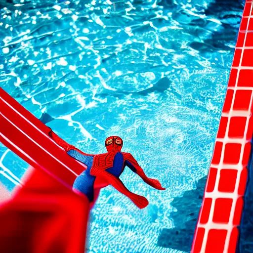 Prompt: 85mm photo of Spider-Man as a life guard at a public pool, dslr photograph