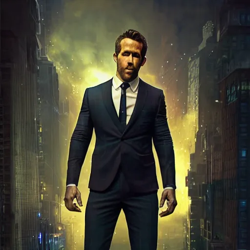 Image similar to ryan reynolds as a black and blue suit spider - man, cinematic, volumetric lighting, f 8 aperture, cinematic eastman 5 3 8 4 film, photorealistic by greg rutkowski, by stanley artgerm, by alphonse mucha