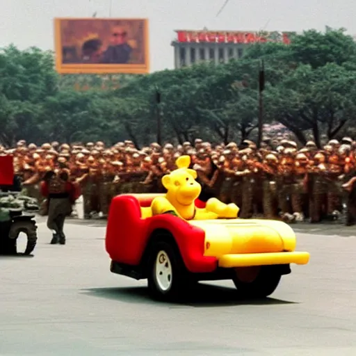 Image similar to Winnie the Pooh riding a tank in Tiananmen square, June 5, 1989, hyperrealistic, photorealistic, ultra hd, 4k, award-winning, cinematic lighting, historic, ominous