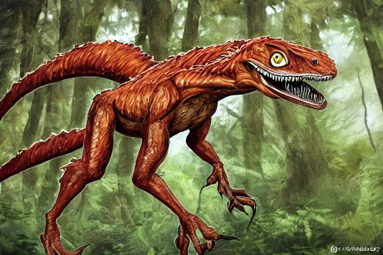 Image similar to highly detailed photograph of a oil velociraptor!!!!! in the forest, featured on pixiv