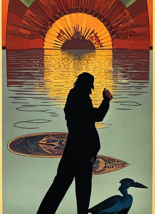 Image similar to a vintage art deco vacation poster for lake merritt in oakland depicting charles manson as a black crowned night heron with a smoky dark orange sky, by ernst haeckel, by alphonse mucha