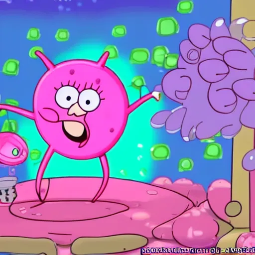 Image similar to pink jellyfish from the cartoon SpongeBob Squarepants hits SpongeBob with a metal sieve