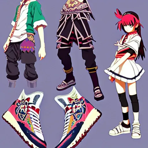 Image similar to fantasy anime jrpg sneaker design designed by studio ghibli, aztec mayan street fashion native punk sneaker design, hip hop sneaker design with subtle mayan patterns, gapmoe yandere grimdark, trending on pixiv fanbox, painted by greg rutkowski makoto shinkai takashi takeuchi studio ghibli, akihiko yoshida