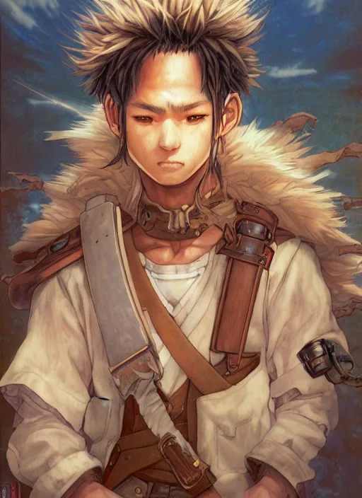 Prompt: prompt : ragnarok online portrait soft light painted by james jean and katsuhiro otomo and erik jones, epic fantasy, a young long haired peasant boy with dark skin, brown skin, a dark complexation in plain fantasy clothing with intelligent eyes, intricate oil painting, high detail illustration, sharp high detail, manga and anime 1 9 9 9