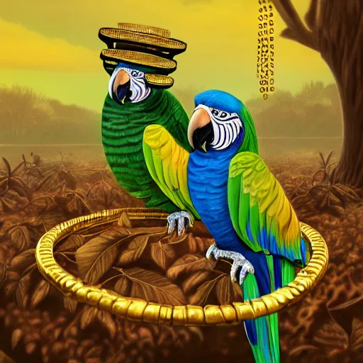 Image similar to parrots dressed in golden rings, necklaces and with caps on head, rapping and sitting on golden trees, rap scene, jungle concept art, trending on artstation, highly detailed, digital art, 8 k