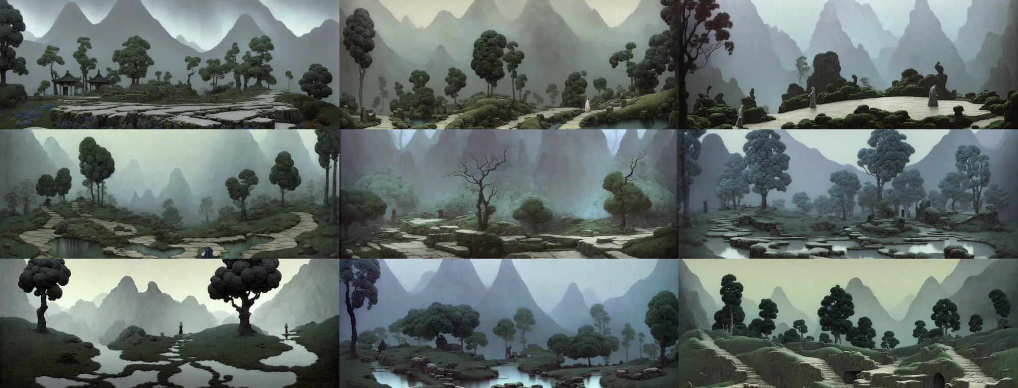 Image similar to a gorgeous bleak spring landscape painting by barlowe wayne maxfield parrish and marco mazzoni. rainy mood. china mountain village. lonely memorial ceremony. grey blue and very little light verdancy. the winding stone steps. ultra clear detailed. 3 d, octane render. turbulent blood lake. fog, 8 k