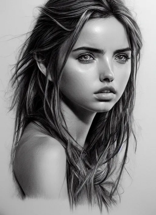 Prompt: artstation concept pencil drawing of ana de armas, portrait, hyper realistic, detailed, award wining drawing,