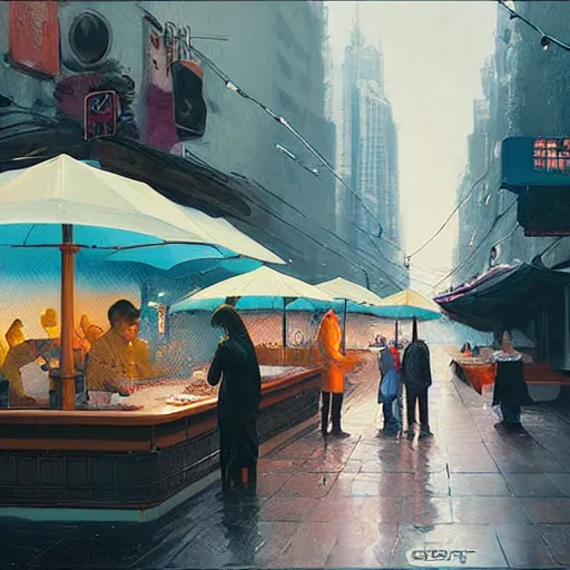 Image similar to people eating at street food noodle shop, chillwave, electronic billboards, tech noir, wet reflections, atmospheric, ambient, livia prima, greg rutkowski, edward hopper, pj crook