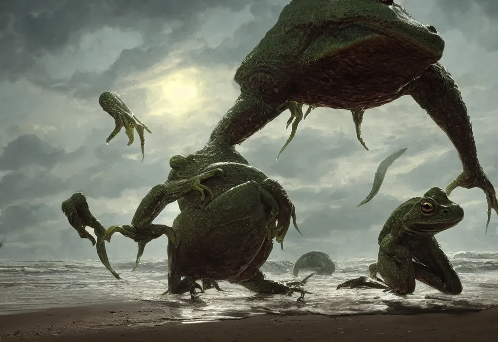 Prompt: giant frog monster on the beach, fantasy boss battle, eldritch horror, character art by Greg Rutkowski, 4k digital render